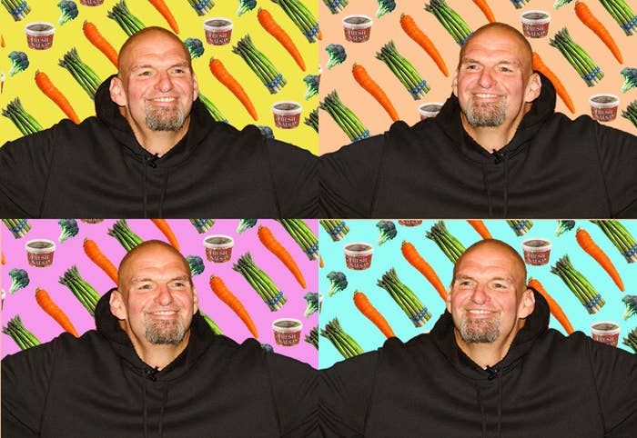 Quadrants of bald John Fetterman in a black hoodie; in the background is a collage of multicolored vegetable &quot;crudité&quot;