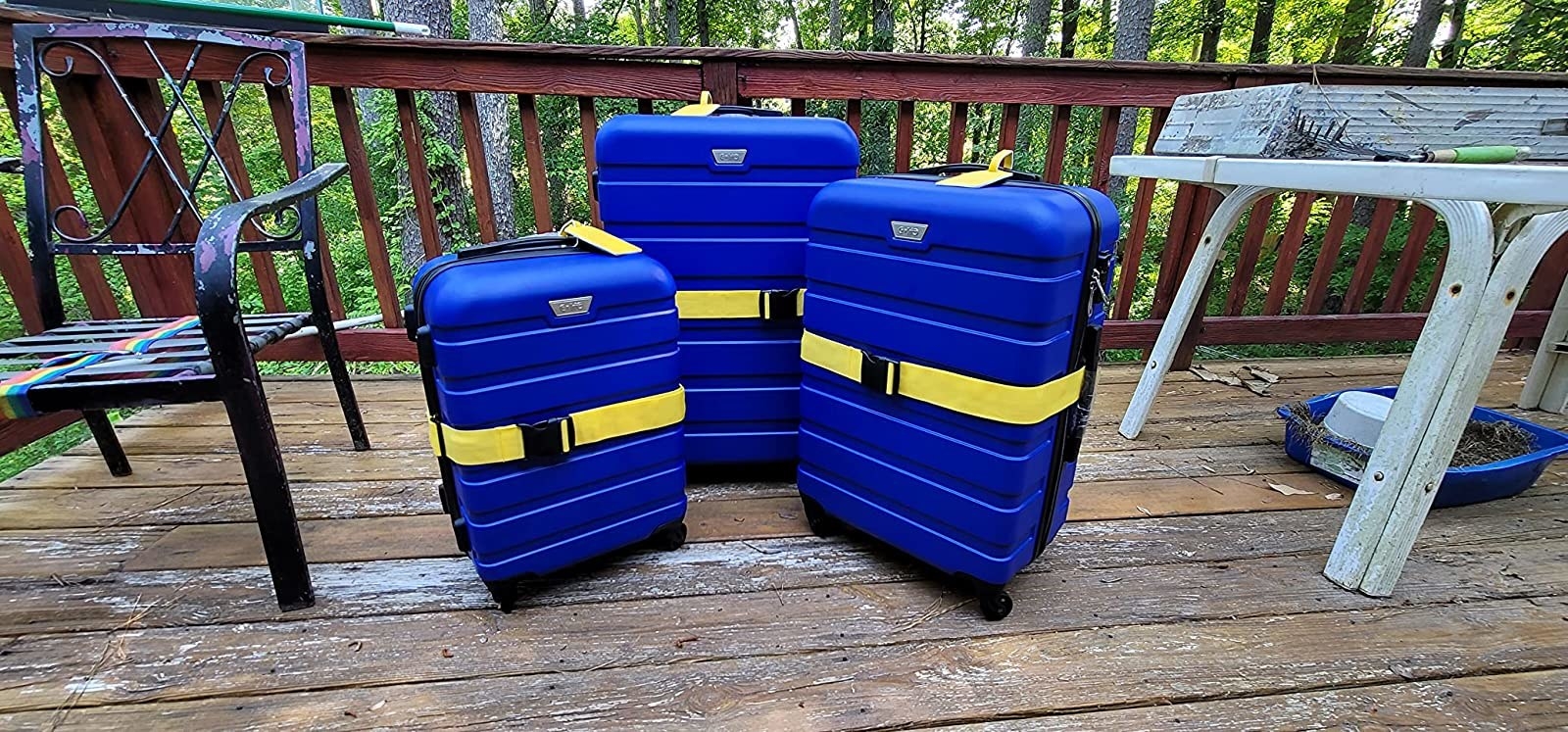 Reviewer&#x27;s photo of the bright electric blue three-piece set