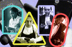 thumbnail art featuring Jeremy Allen White, Ayo Edebiri, Jodie Comer, and Sandra Oh texting
