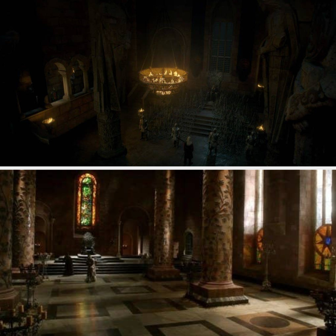 A shot from above of the throne room at night in House of the Dragon and The Throne room during the day in Game of Thrones