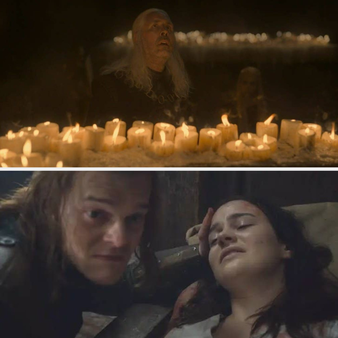 Viserys looks up while standing in front of lit candles; Rhaenyra stands behind him