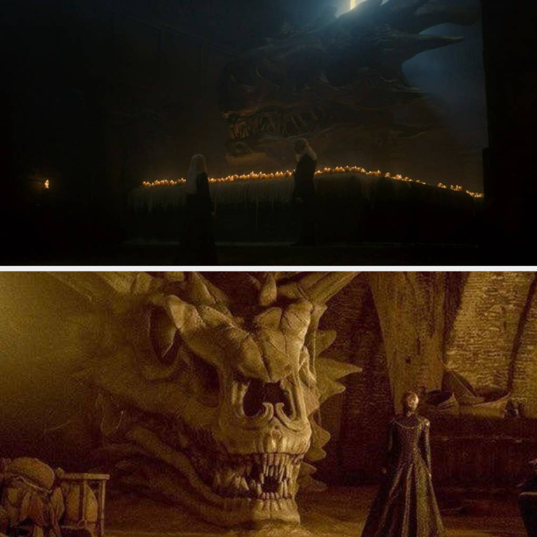 Rhaenyra and Viserys stand in front of Balerion&#x27;s skull that is surrounded by candles