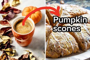 A latte is on the left with an arrow pointing at "pumpkin scones"