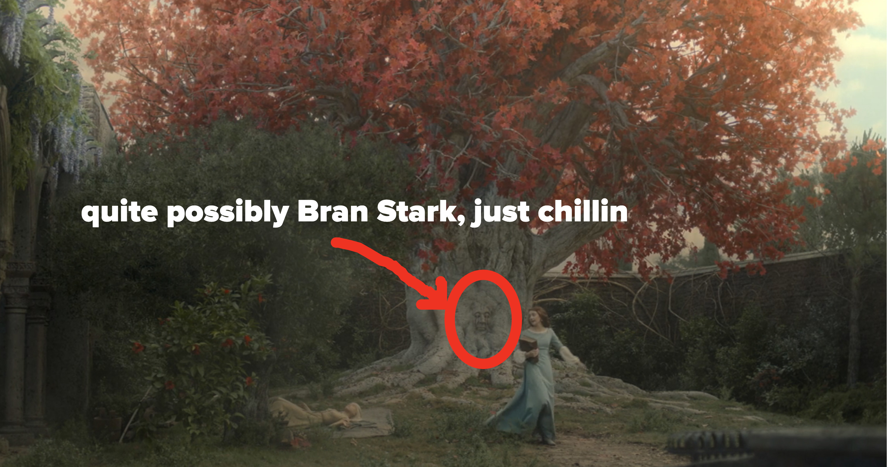A weirwood tree with a circle around the face on it and text saying &quot;quite possibly Bran Stark just chillin&quot;