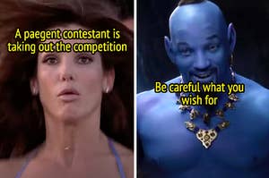 Sandra Bullock looks shocked and Will Smith as the Genie