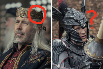 Viserys wearing his crown with a red circle highlighting the crown next to an image of Daemon with a red question mark next to his head