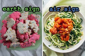 On the left, some frosted animal crackers labeled earth sign, and on the right, some zoodles topped with marinara sauce labeled air sign