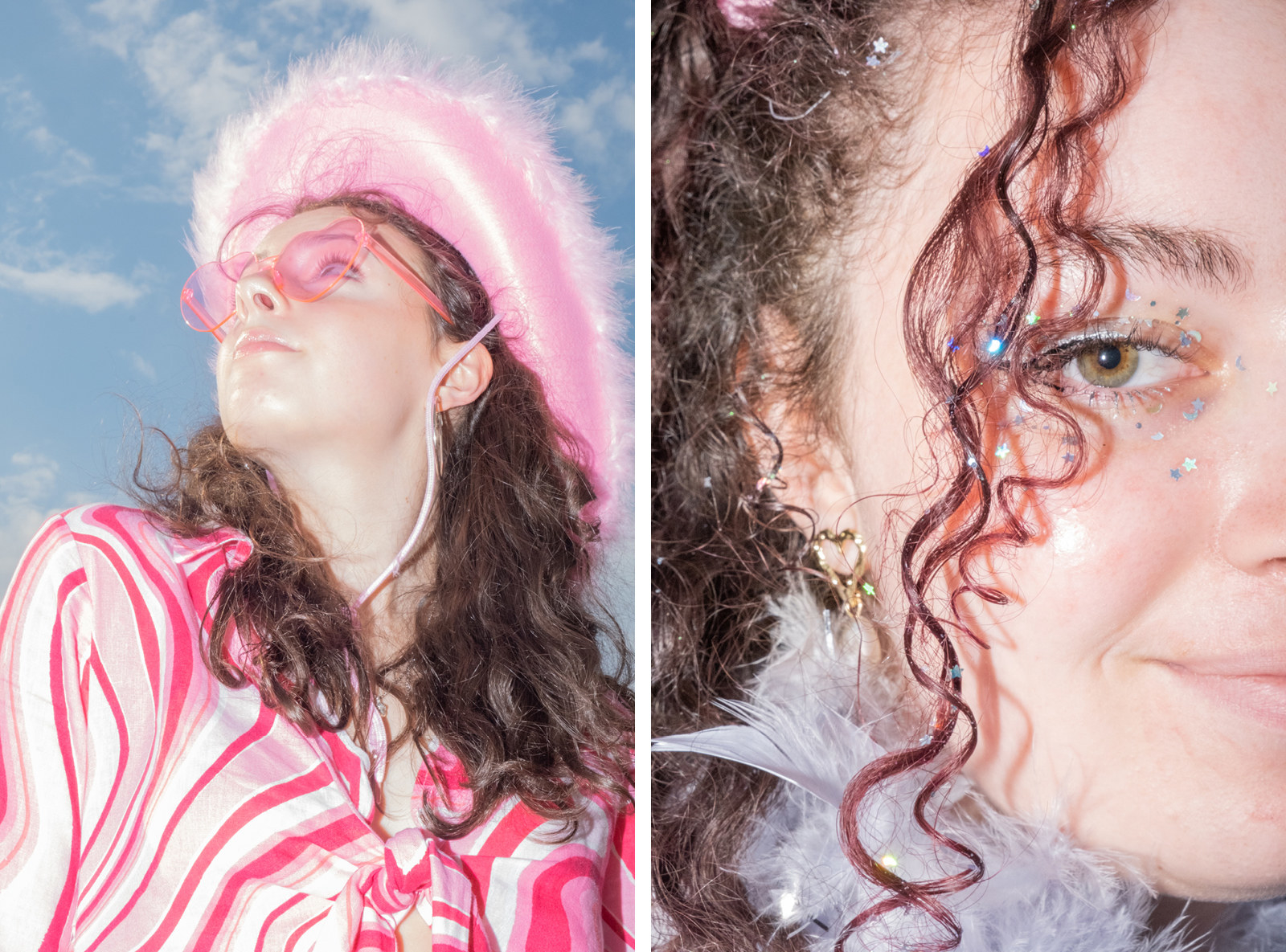 A young woman with pink heart-shaped sunglasses, another with moon and star-shaped eye glitter