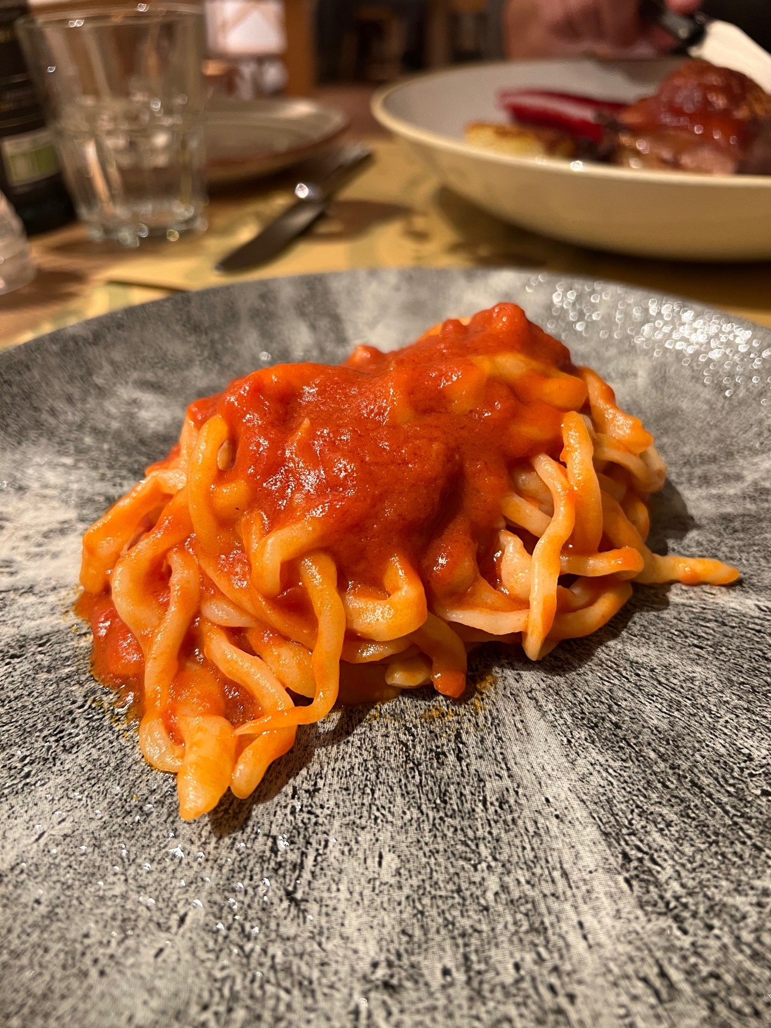 Spaghetti with tomato sauce.