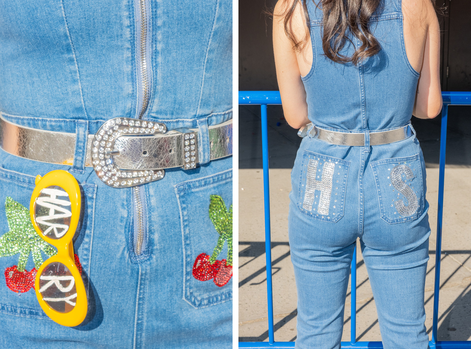 A woman wearing a denim jumpsuit decorated with rhinestones that spell HS