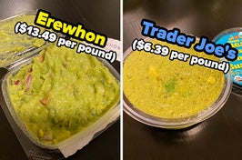 Erewhon guacamole labeled "13.49 per pound" and Trader Joe's guacamole labeled "6.39 per pound"