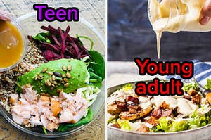 A salad is on the left labeled, "teen" with another on the right labeled, "young adult"