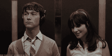 Joseph and Zoey chatting in the elevator in 500 Days of Summer