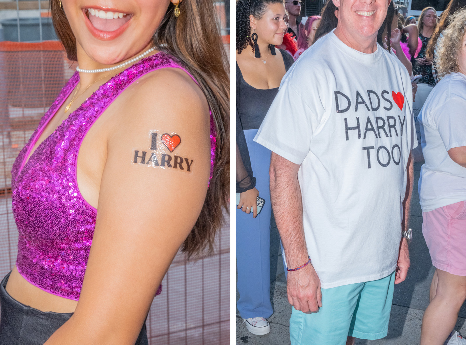 Two images: a woman with a temporary tattoo that reads &quot;I heart Harry,&quot; and a middle-aged man with a shirt that reads &quot;Dads heart Harry too&quot;
