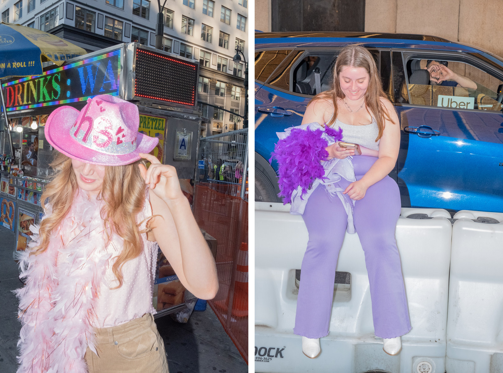 Two images: A woman shows her pink cowboy hat with &quot;HS&quot; written on it. Another woman sits on a plastic road barrier while a cab driver makes a heart sign with his hands at the camera