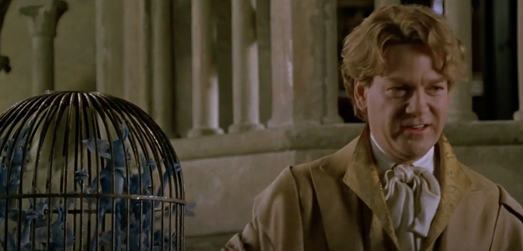 Gilderoy Lockhart with a cage of cornish pixies