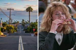 On the left, a sunset in San Diego California on a palm tree-lined street, and on the right, Sally from When Harry Met Sally eating a sandwich