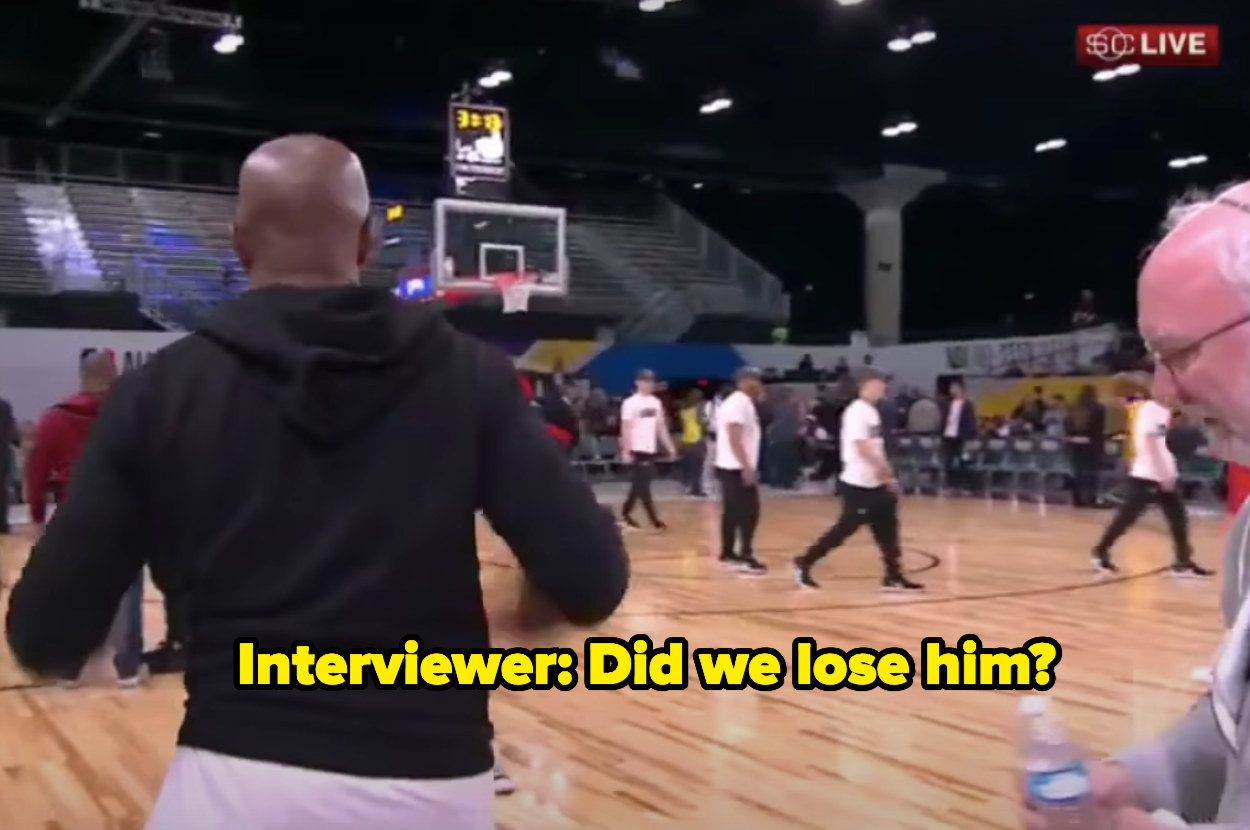 Jamie still walking away from the interview on the basketball court