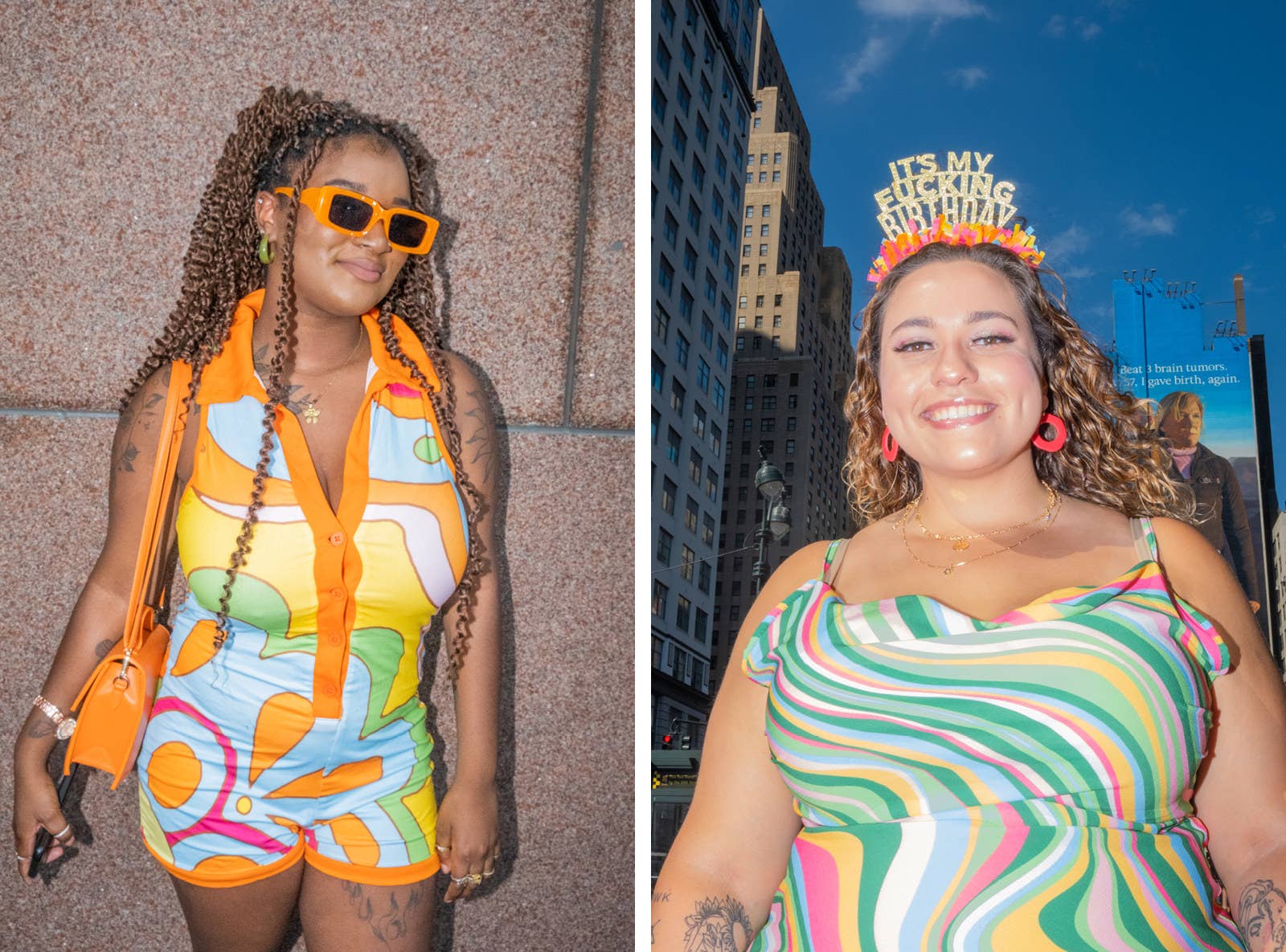 Two colorfully dressed women, one wears a tiara that reads "It's my fucking birthday"