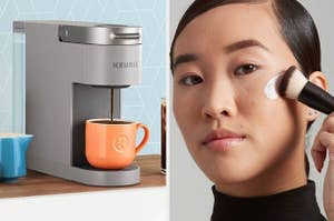 A Keurig coffee maker on the left and a model applying moisturizIng primer on the right