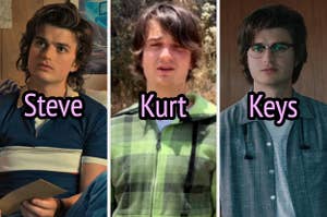 On the left, Joe Keery as Steve on Stranger Things, in the middle Joe Keery as Kurt in Spree, and on the right, Joe Keery as Keys in Free Guy