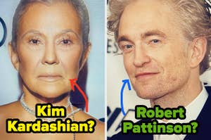 Two aged-up celebrities, one labeled "Kim Kardashian?" and one labeled "Robert Pattinson?"