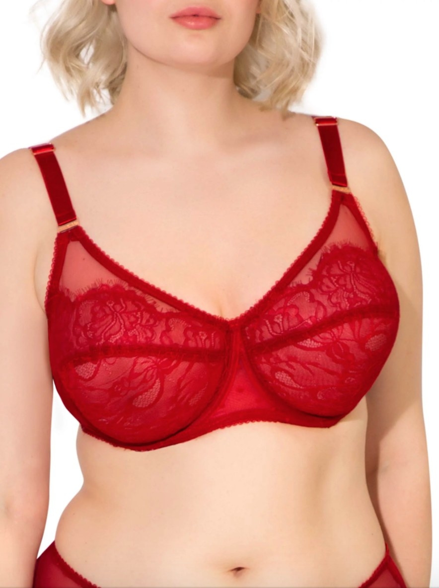 Model wearing red lace bra