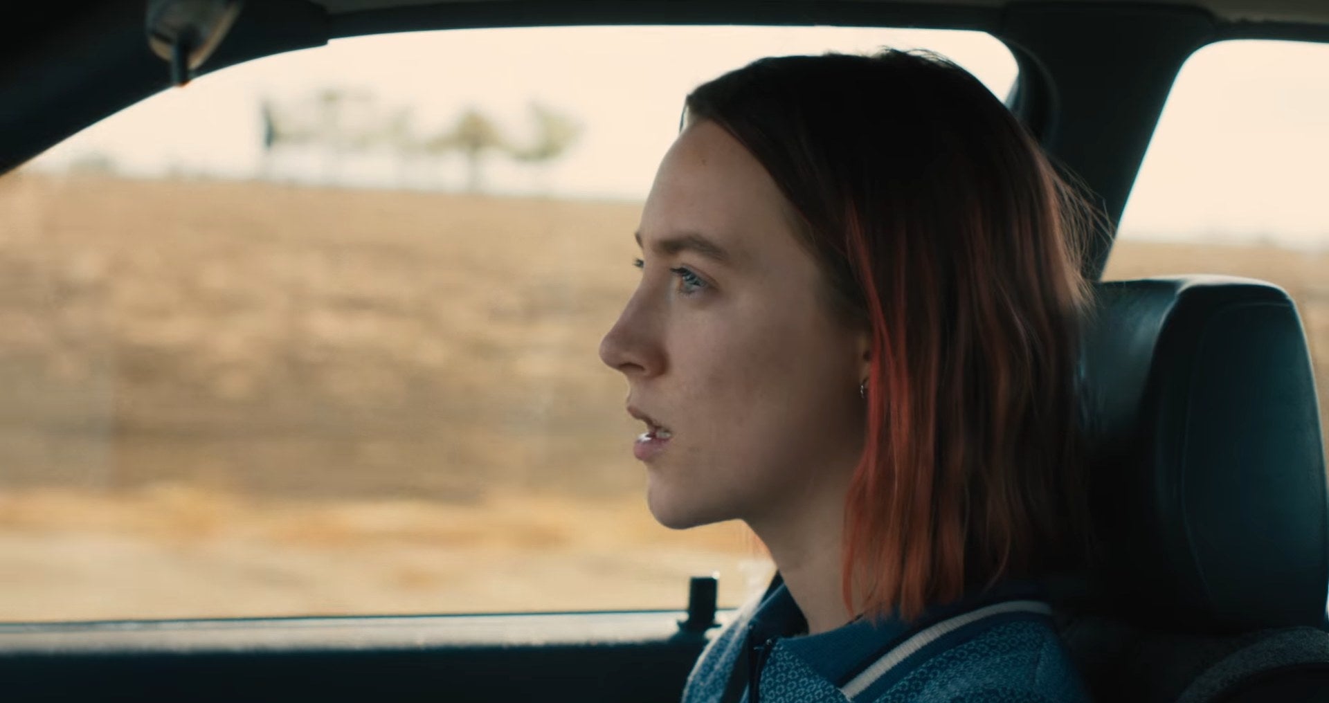 Lady Bird sitting in a moving car in &quot;Lady Bird&quot;