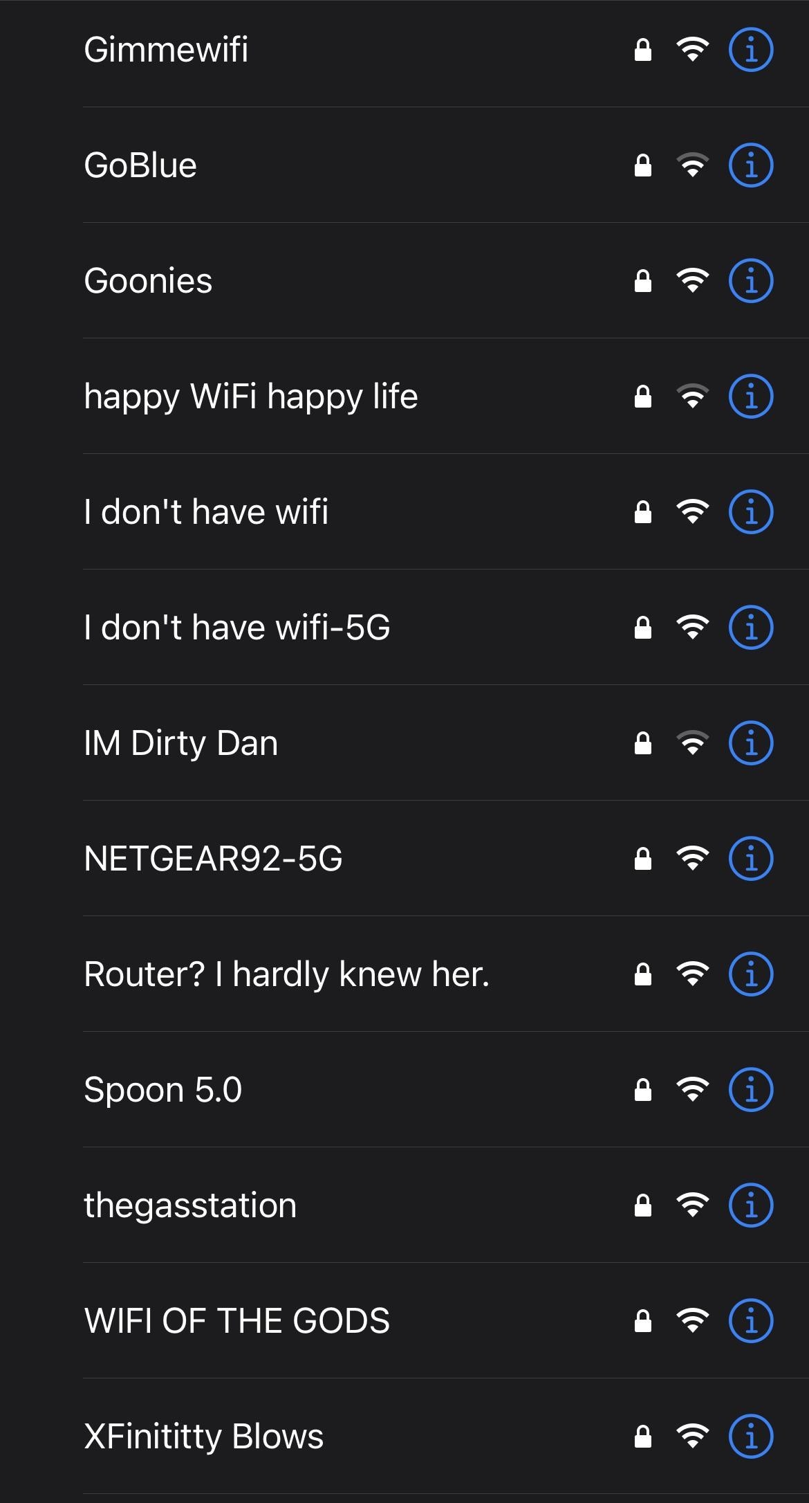 Screen shot of Wi-Fi names