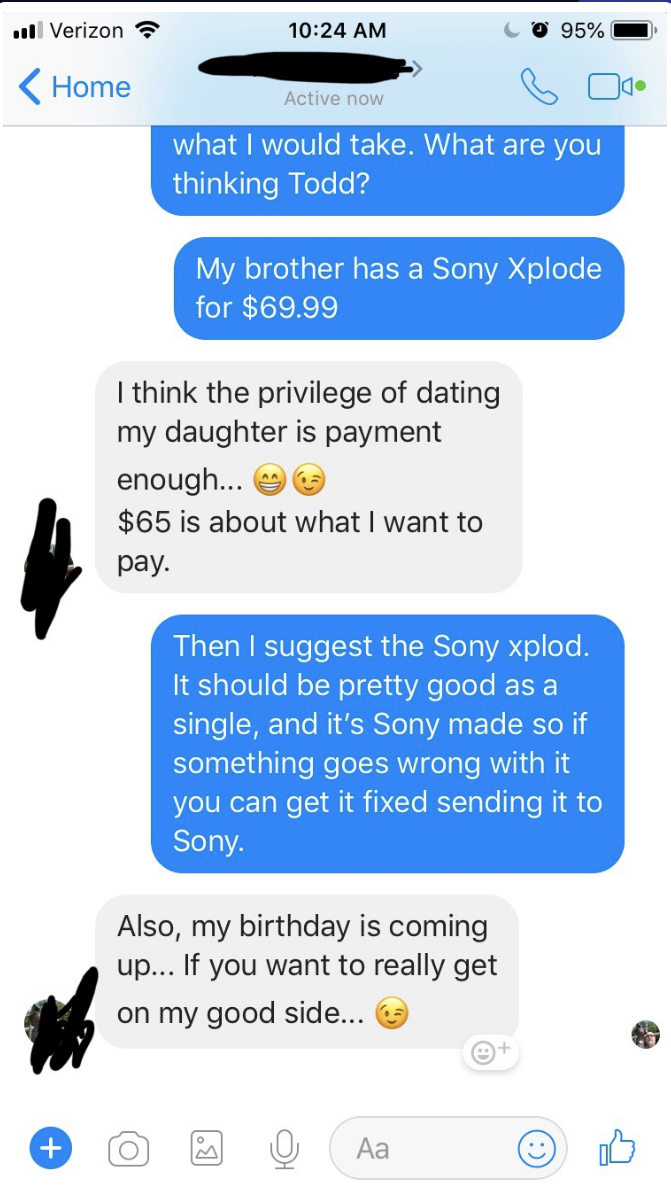 the dad saying the privilege of dating his daughter should be enough payment