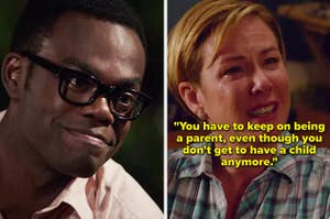 Chidi from The Good Place and Finn's mom from Glee saying, "You have to keep on being a parent, even though you don't get to have a child anymore"