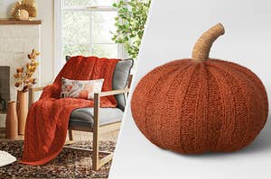 On the left is a chair with a woven throw and a pumpkin pillow and on the right is a decorative woven pumpkin