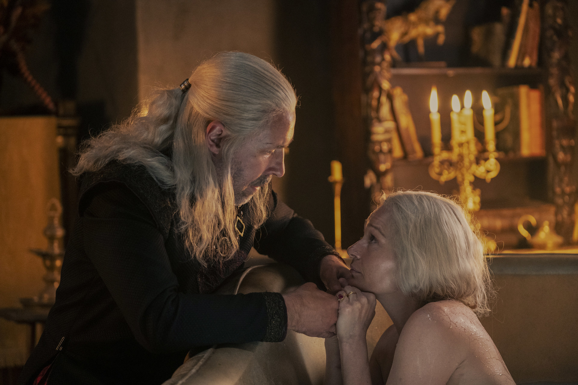 King Viserys looking at Queen Aemma