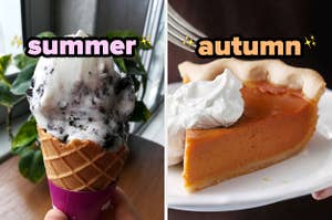 On the left, a cookies and cream ice cream cone labeled summer, and on the right, a slice of pumpkin pie topped with whipped cream labeled autumn