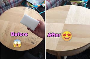 before and after a stained table that's been cleaned with a magic eraser