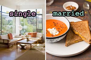 On the left, a sunny living room with two couches near the windows labeled single, and on the right, some tomato soup and a grilled cheese sandwich cut in half diagonally labeled married