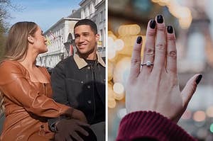 On the left, Rachel and Aven from The Bachelorette take a carriage ride, and on the right, someone shows off their diamond engagement ring