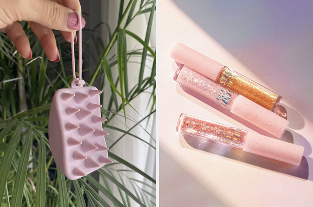 scalp massager, three tubes of sparkly eye liner 