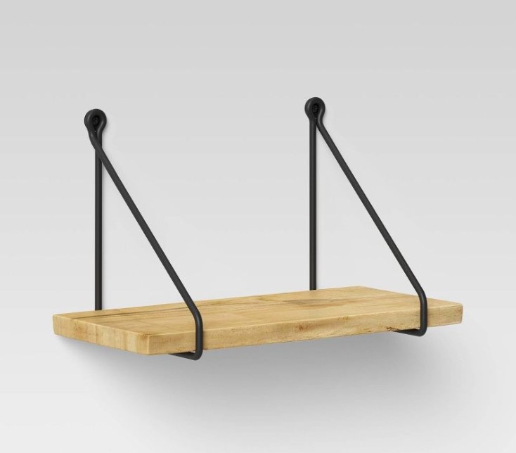 Wood shelf with black metal wires