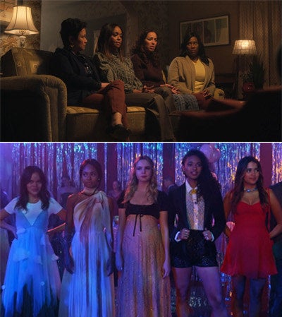 The mothers sitting on a couch and the Liars in party clothes