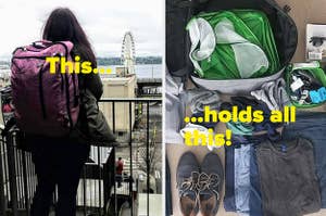 A purple travel backpack on the left and the contents of a travel backpack on the right