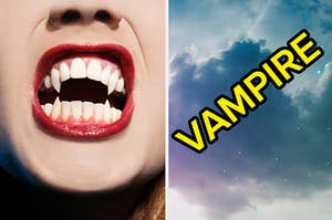 A woman is showing her teeth on the left with "vampire" written on the right