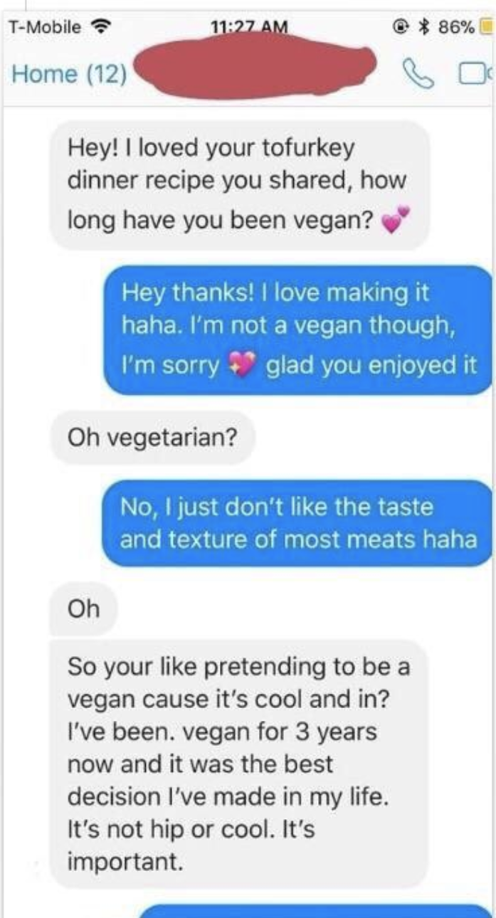 &quot;So your like pretending to be vegan cause it&#x27;s cool and in?&quot;