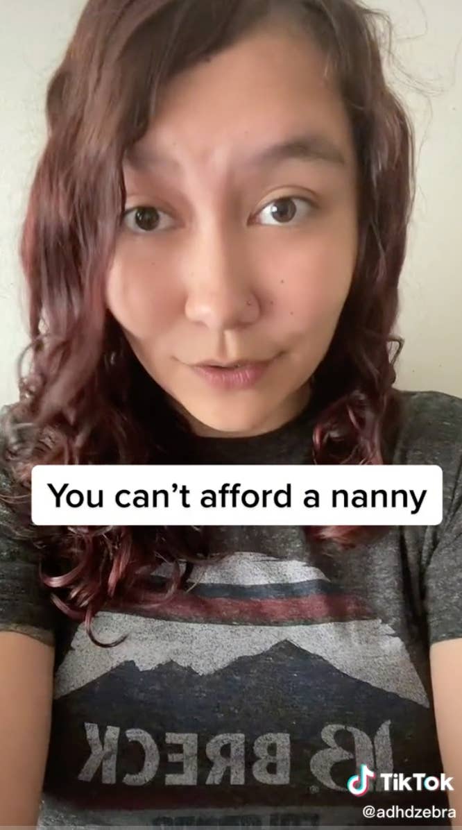 Close-up of Justine with text &quot;You can&#x27;t afford a nanny&quot;