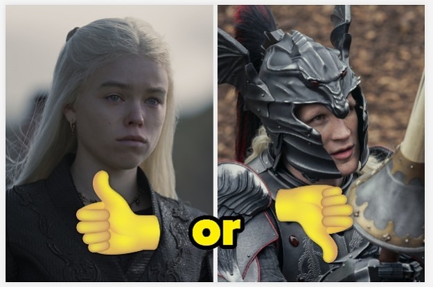 Side by side stills of Rhaenyra and Daemon with the thumbs up and thumbs down emojis