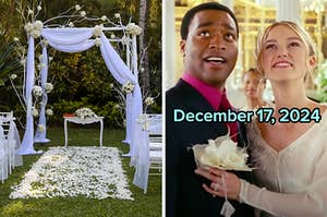 On the left, a wedding arch in a garden with an aisle filled with flowers, and on the right, Peter and Juliet from Love Actually on their wedding day labeled December 17, 2024
