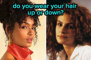 "do you wear your hair up or down?" is written above Yara and Vivian