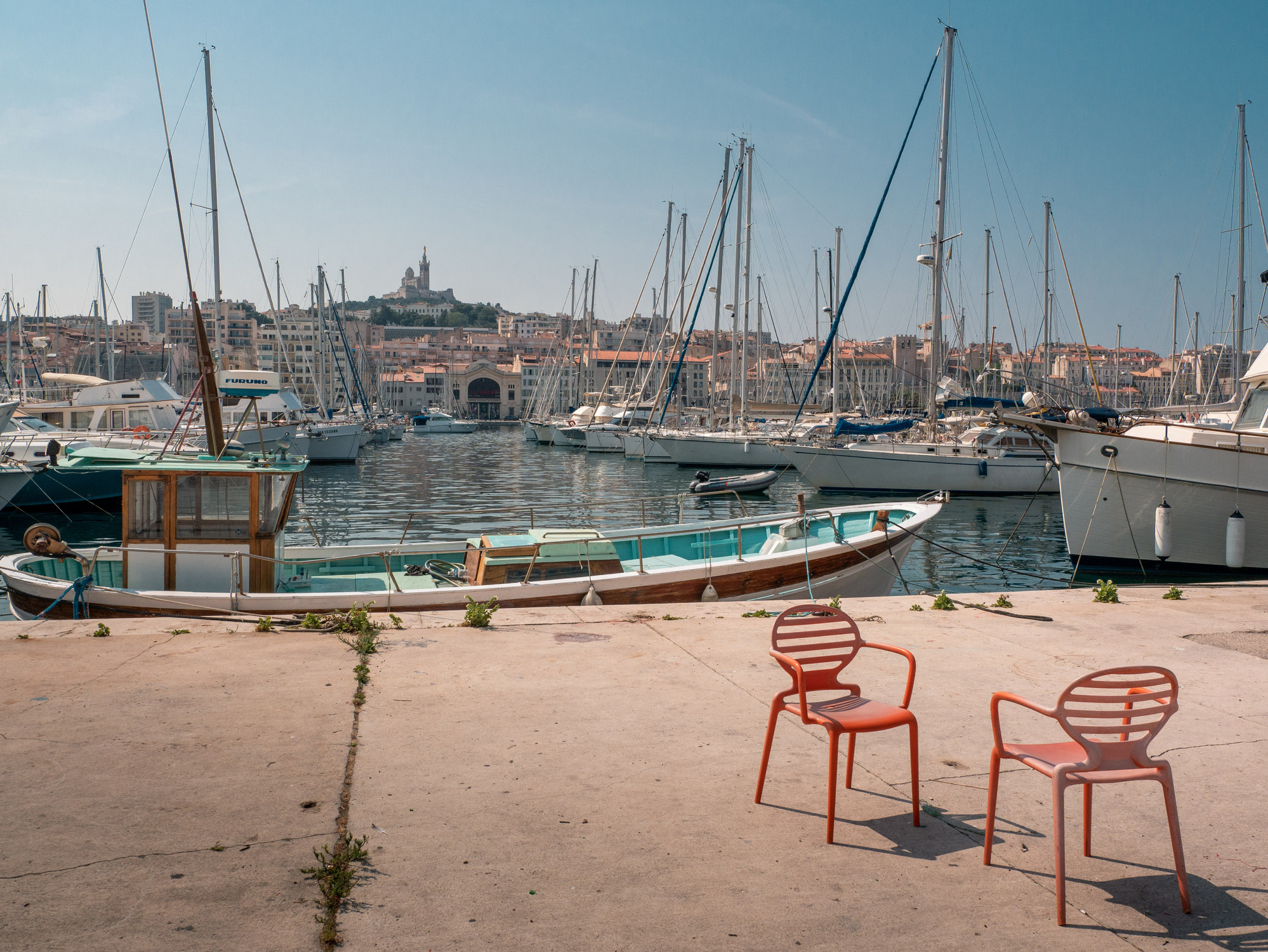 Sailboats in a harbor in Marseilles.