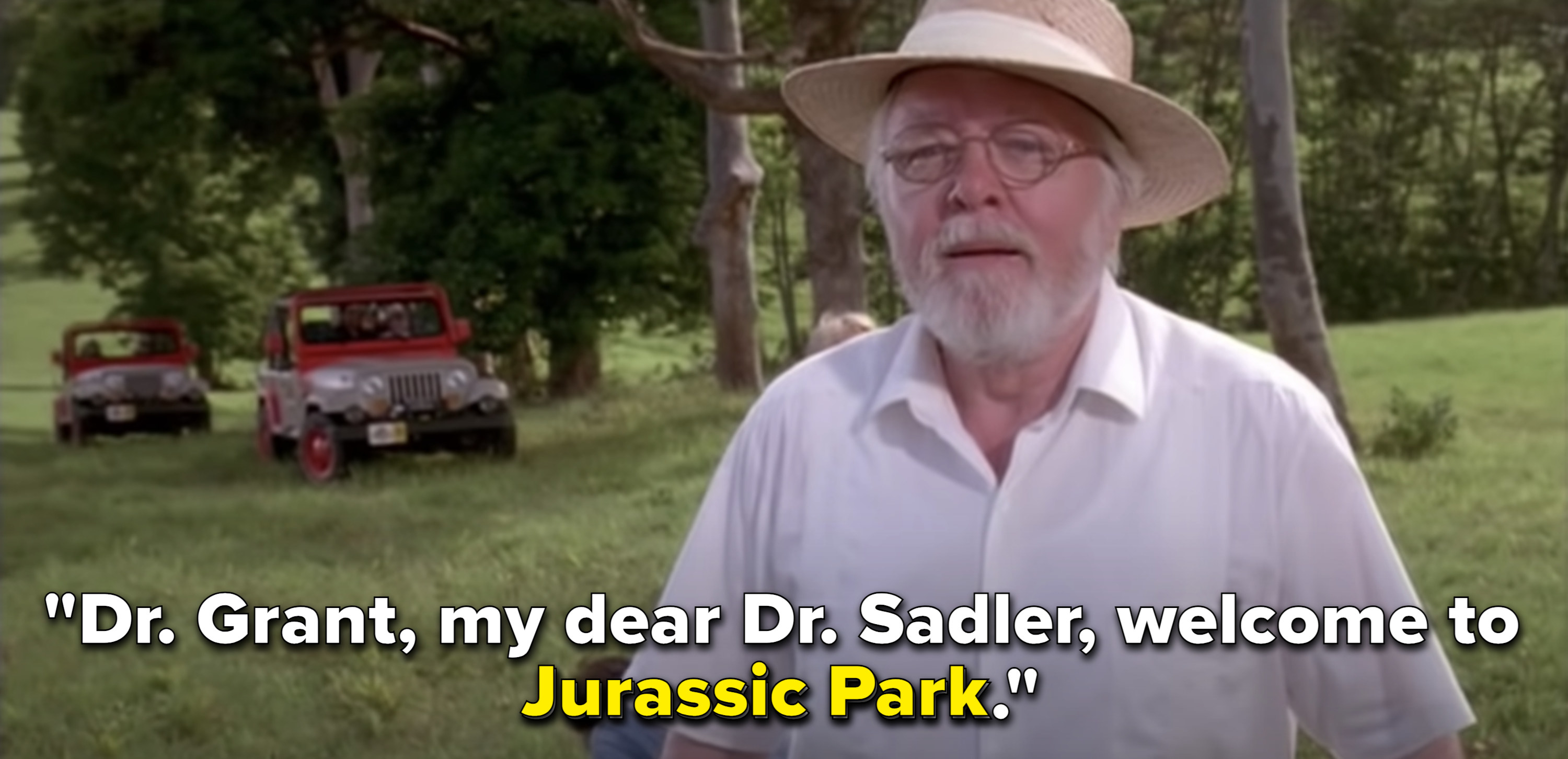 John Hammond says, &quot;Welcome to Jurassic Park&quot;