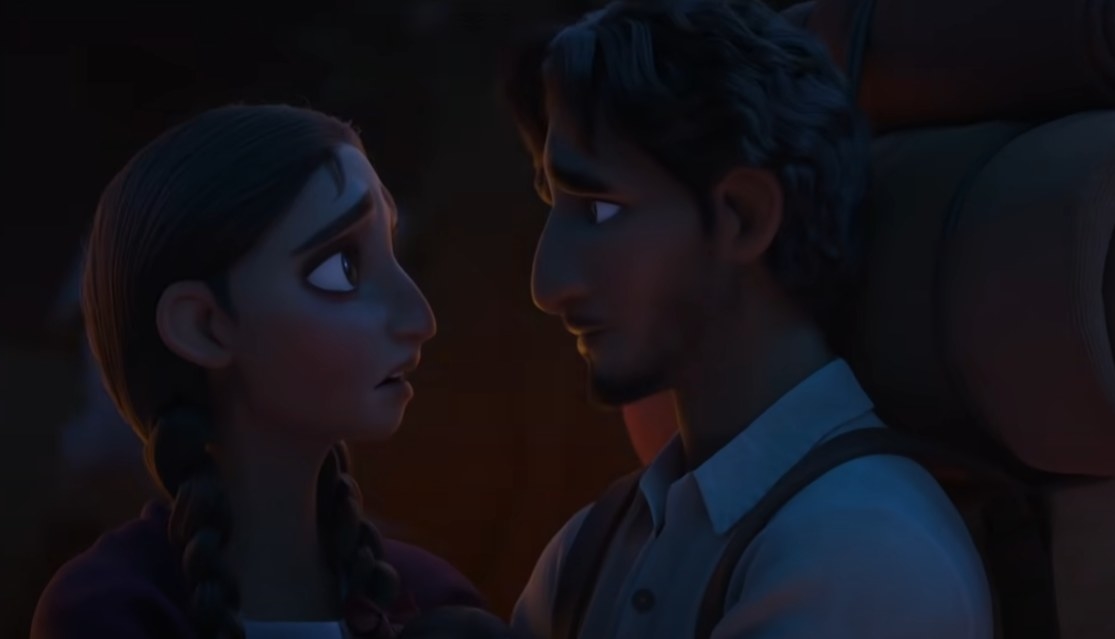 Alma and her husband looking at each other